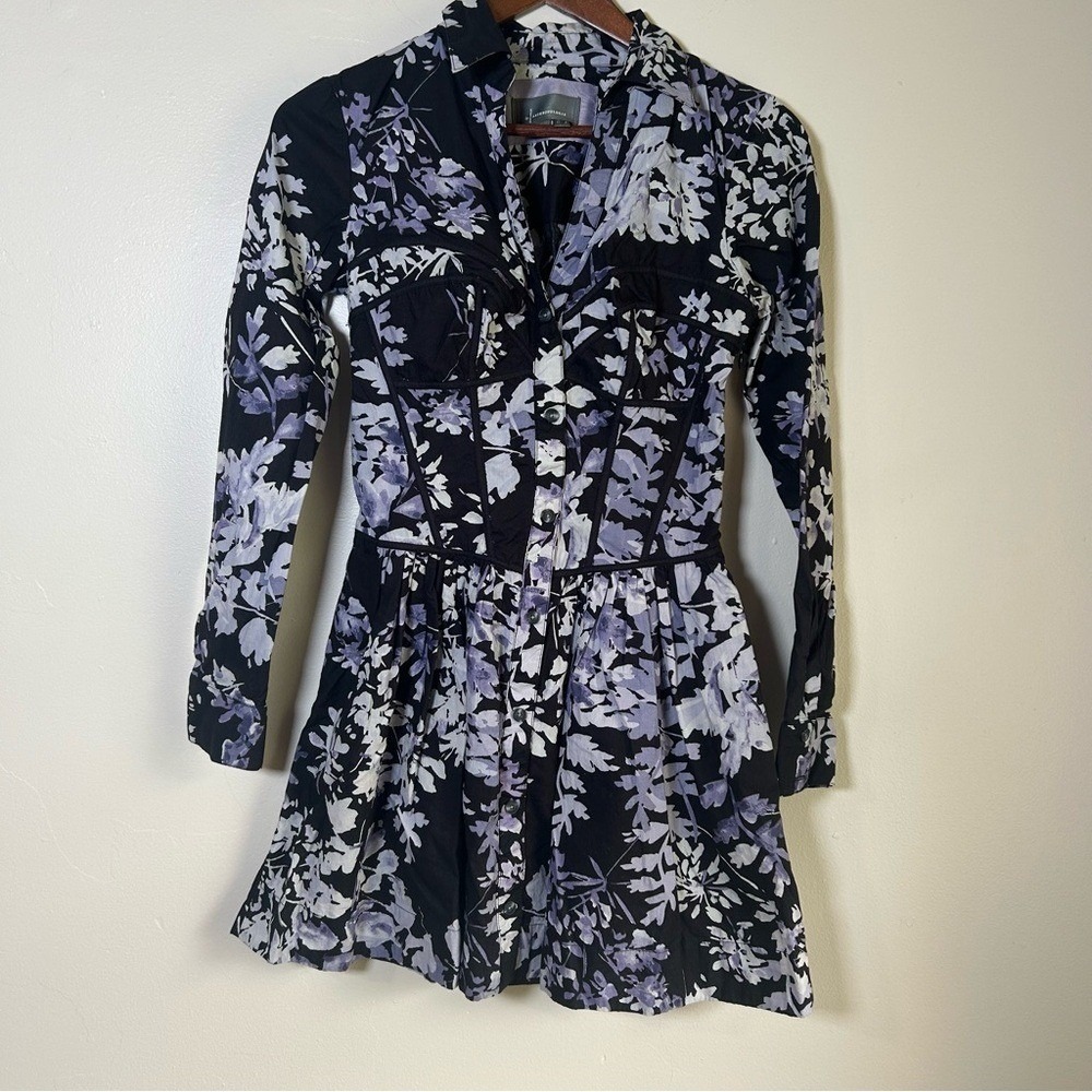 Anthropologie Floral Button Front Corset Waist Fit Dress Black Purple‎ Size 2